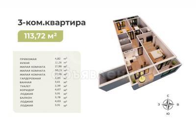 Продаю 3-комнатную квартиру, 114кв. м., этаж - 7/9, кок жар.