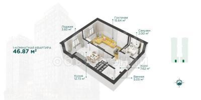 Продаю 1-комнатную квартиру, 46кв. м., этаж - 9/16, Горького/Виноградная.